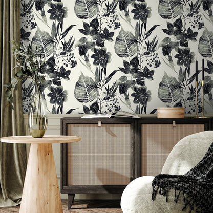 Watercolor Flowers Black and White Wallpaper, Self-adhesive Removable Wallpaper, Peel and Stick Fabric Wallpaper, Wallpaper - B040