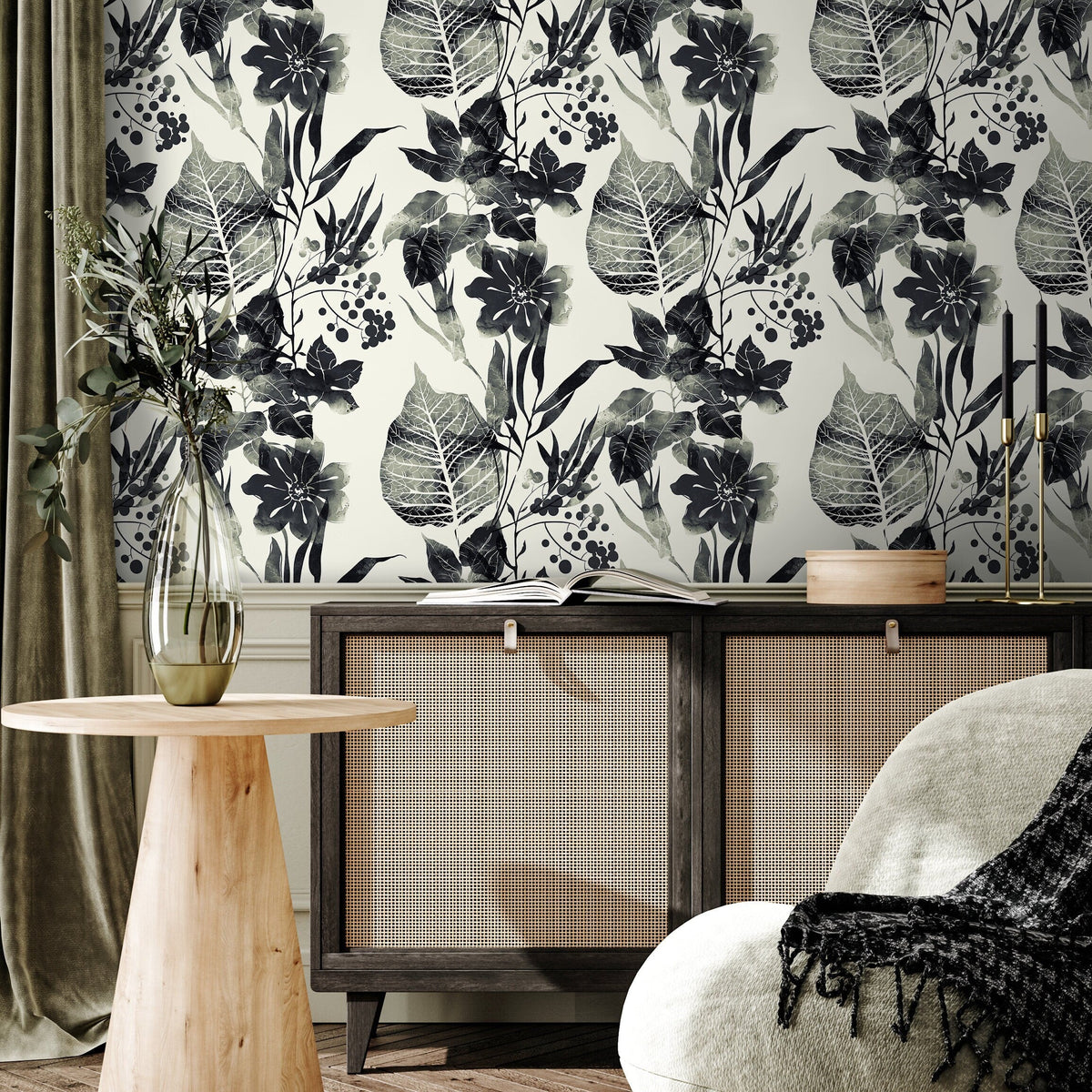Watercolor Flowers Black and White Wallpaper, Self-adhesive Removable Wallpaper, Peel and Stick Fabric Wallpaper, Wallpaper - B040
