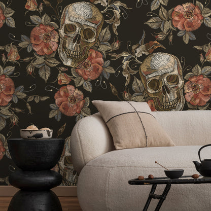 Large Skull Wallpaper Dark Roses Wallpaper Peel and Stick and Traditional Wallpaper - D890