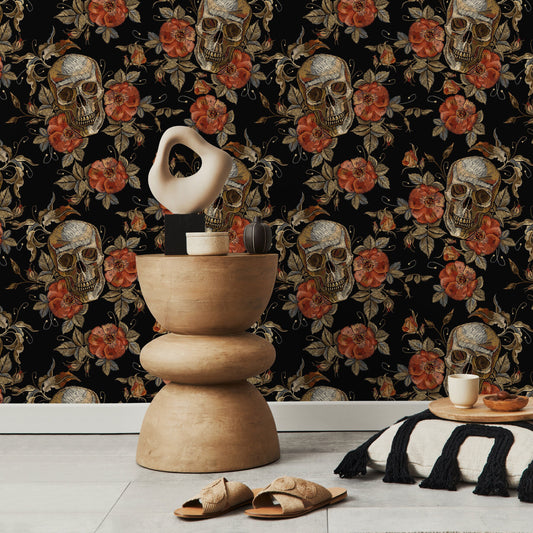 Skull Wallpaper Dark Roses Wallpaper Peel and Stick and Traditional Wallpaper - D889