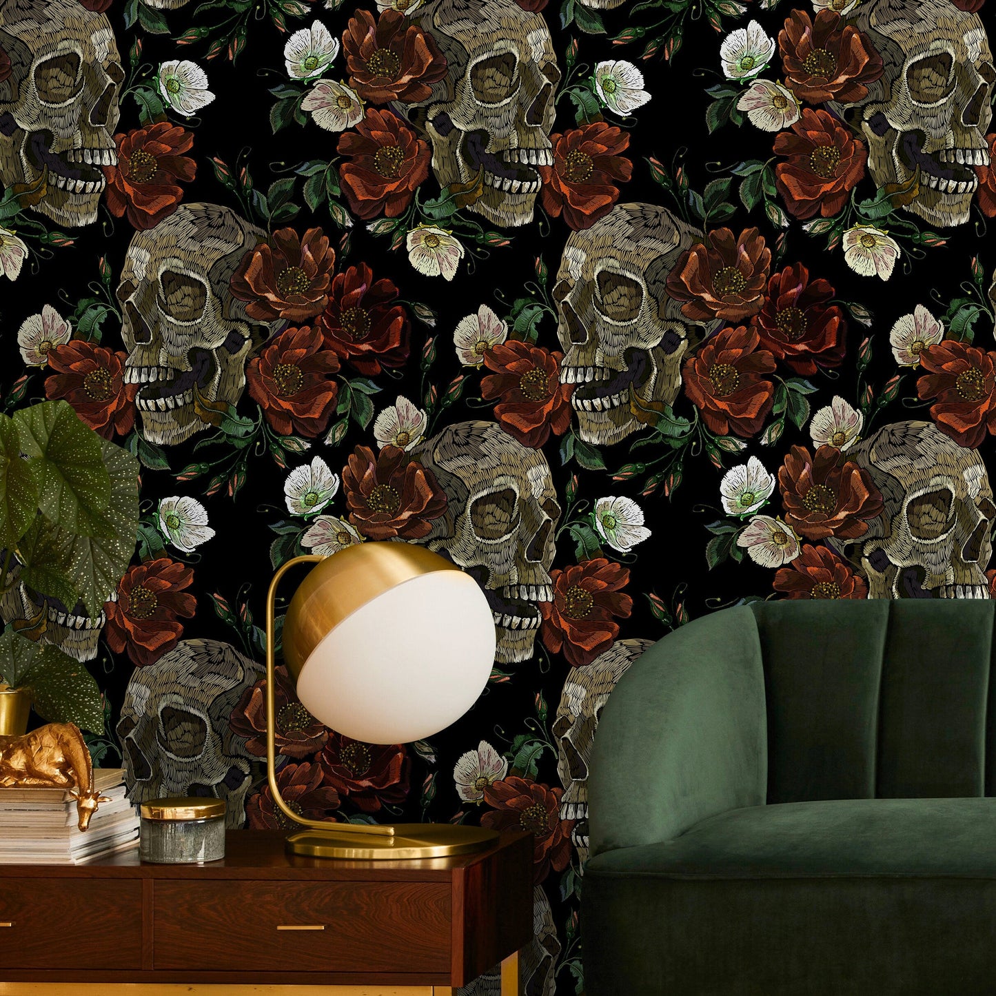 Gothic Floral and Skulls Wallpaper Maximalist Wallpaper Peel and Stick and Traditional Wallpaper - D906