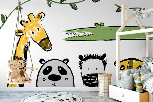 Animals Illustration Wallpaper Removable Wallpaper Home Decor Wall Art Room Decor / Kids Animal Mural Wallpaper - B720
