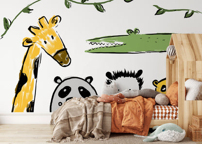 Animals Illustration Wallpaper Removable Wallpaper Home Decor Wall Art Room Decor / Kids Animal Mural Wallpaper - B720