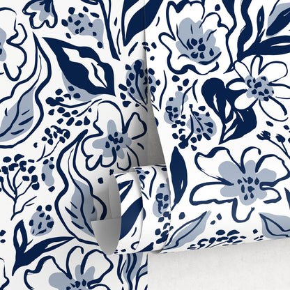 Navy Floral and Leaf Wallpaper / Peel and Stick Wallpaper Removable Wallpaper Home Decor Wall Art Wall Decor Room Decor - C692