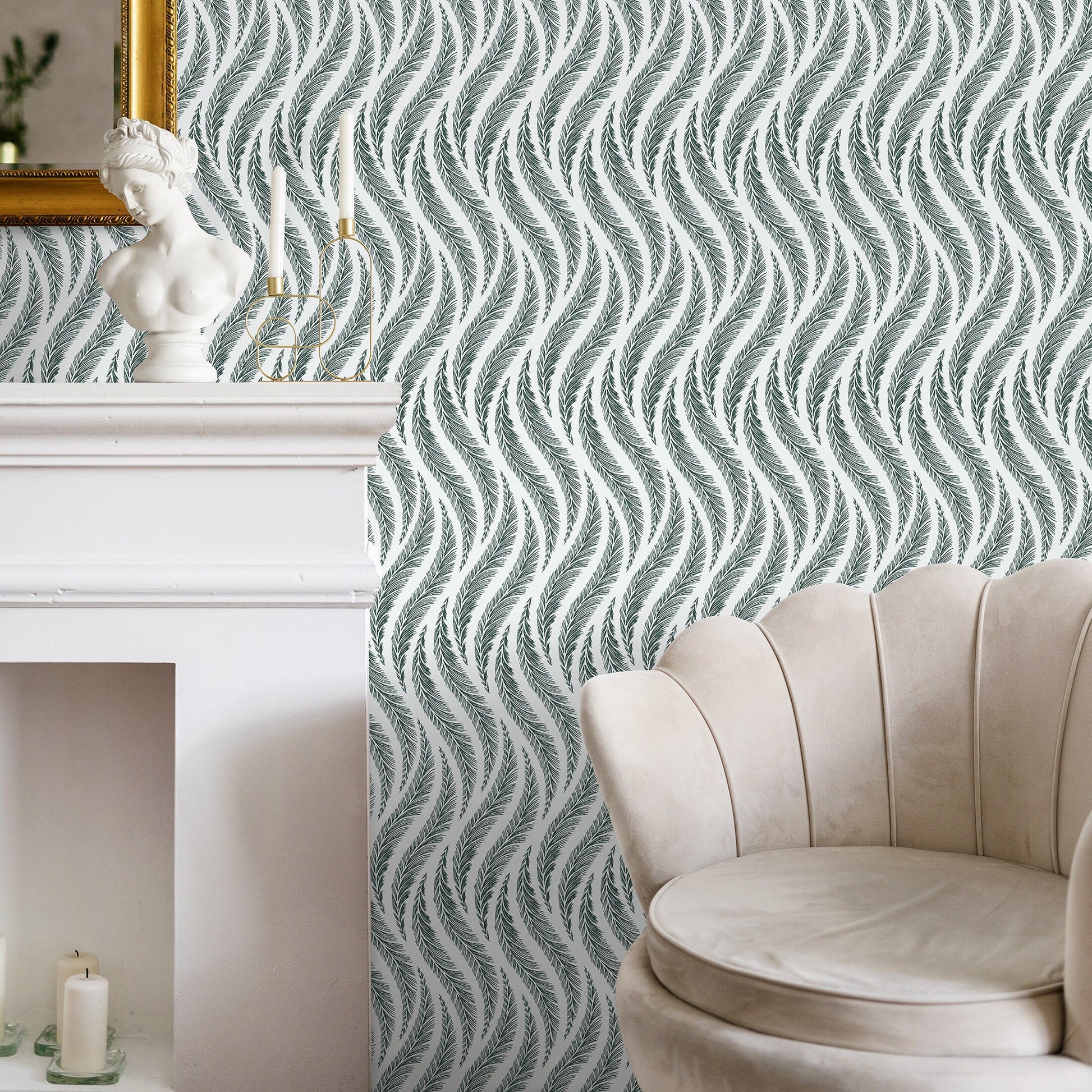Wallpaper Peel and Stick Wallpaper Removable Wallpaper Home Decor Wall Art Wall Decor Room Decor / Green and Gray Feathers Wallpaper - C526