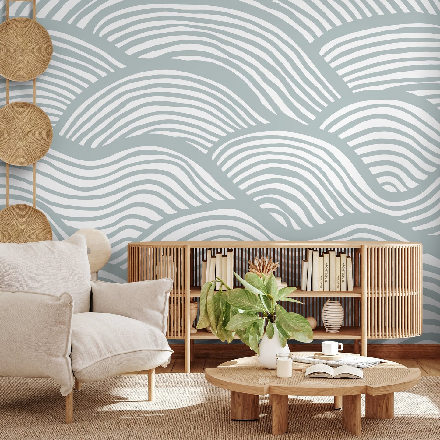 Wallpaper Peel and Stick Wallpaper Removable Wallpaper Home Decor Wall Art Wall Decor Room Decor / Pale Blue Rolling Waves Wallpaper - C599