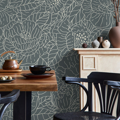 Dark Floral and Leaf Wallpaper / Peel and Stick Wallpaper Removable Wallpaper Home Decor Wall Art Wall Decor Room Decor - C954