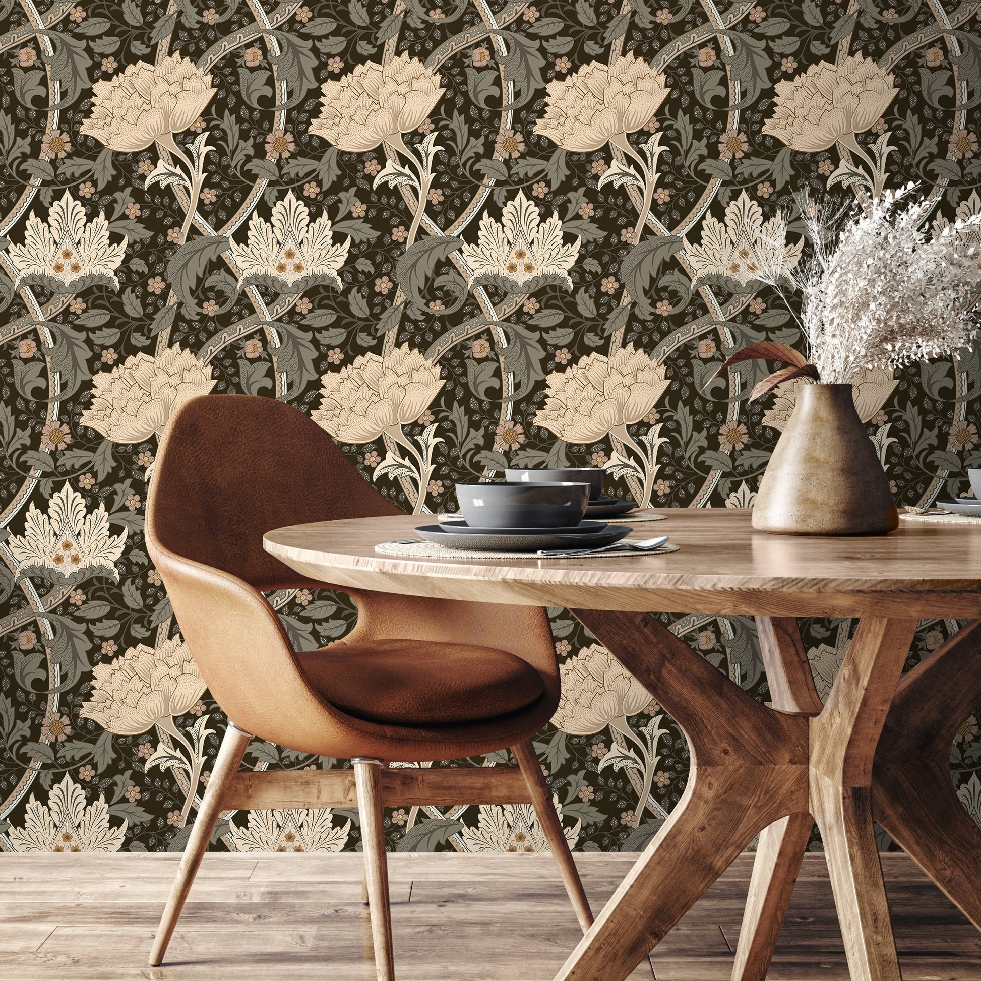 Taupe Floral William Morris Wallpaper / Peel and Stick Wallpaper Removable Wallpaper Home Decor Wall Art Wall Decor Room Decor - C991