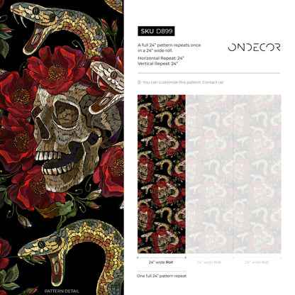 Skull and Snake Wallpaper Dark Floral Wallpaper Peel and Stick and Traditional Wallpaper - D899