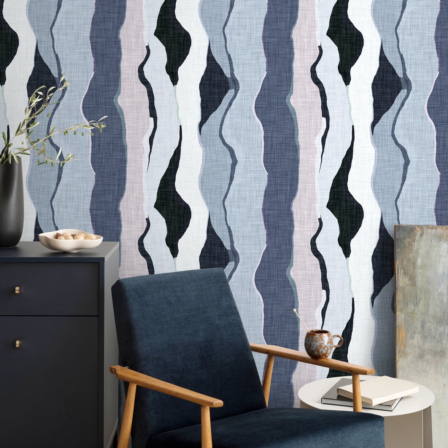 Blue Abstract Wallpaper Modern Waves Wallpaper Peel and Stick and Traditional Wallpaper - D859