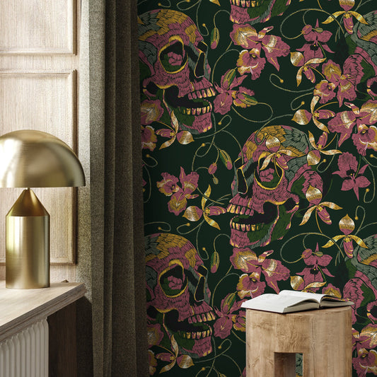 Gothic Wallpaper Dark Green Floral Wallpaper Peel and Stick and Traditional Wallpaper - D894
