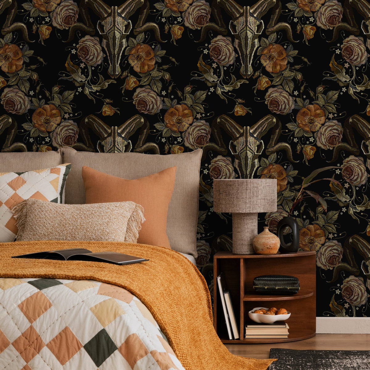 Dark Floral Wallpaper Goat Skull Wallpaper Peel and Stick and Traditional Wallpaper - D888