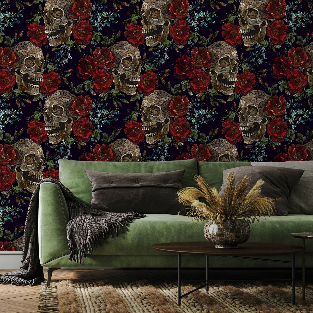 Dark Roses Wallpaper Gothic Skull Wallpaper Peel and Stick and Traditional Wallpaper - D893