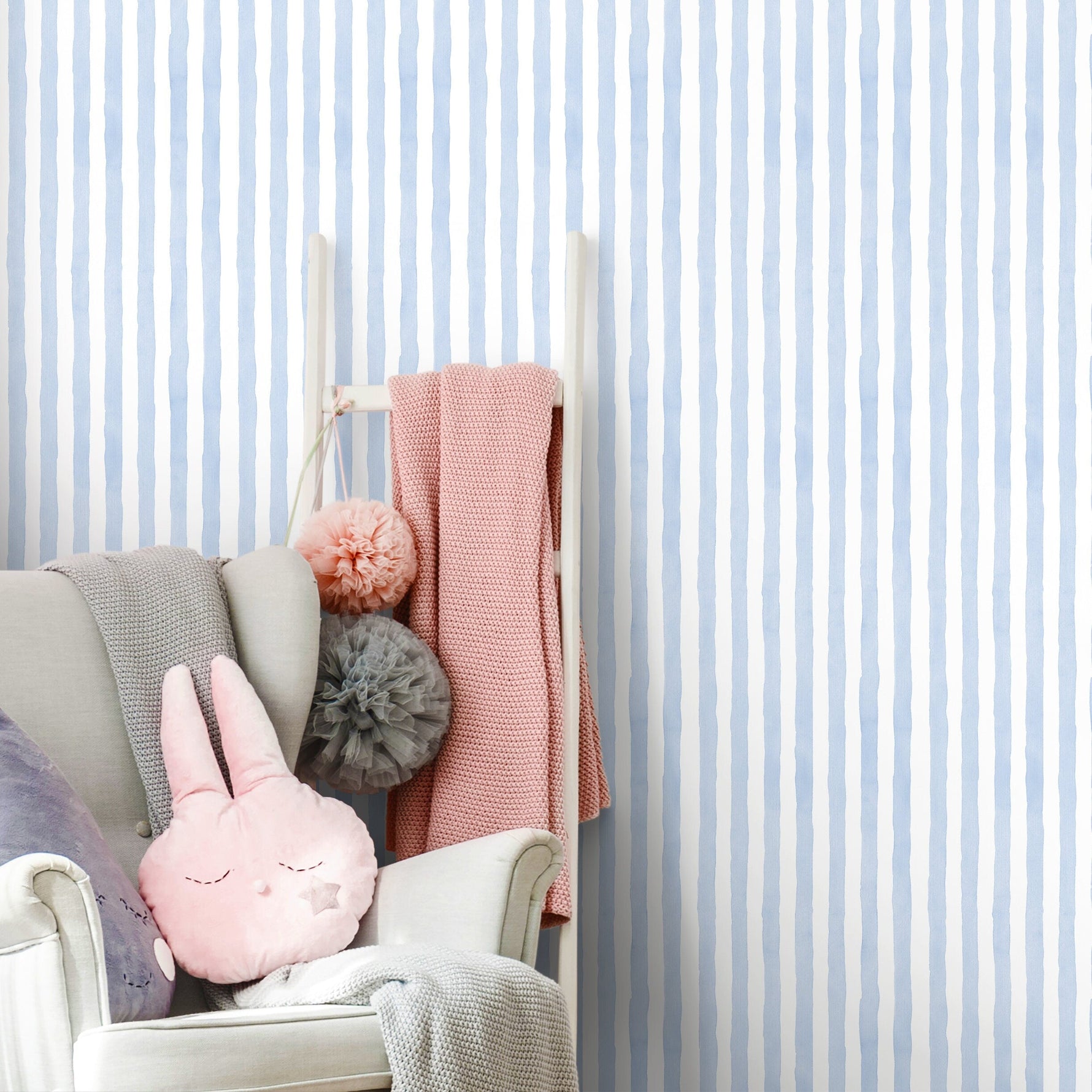 Baby Blue Striped Wallpaper Watercolor Wallpaper Peel and Stick and Traditional Wallpaper - D858