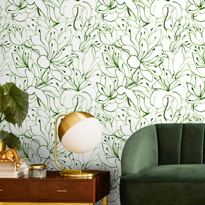 Green Floral Garden Wallpaper / Peel and Stick Wallpaper Removable Wallpaper Home Decor Wall Art Wall Decor Room Decor - C852