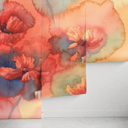 Watercolor Mural, Fresh Spring Flower Watercolor, Wall Mural, Red Florals, Floral Watercolor, Watercolor Removable Wallpaper - A162