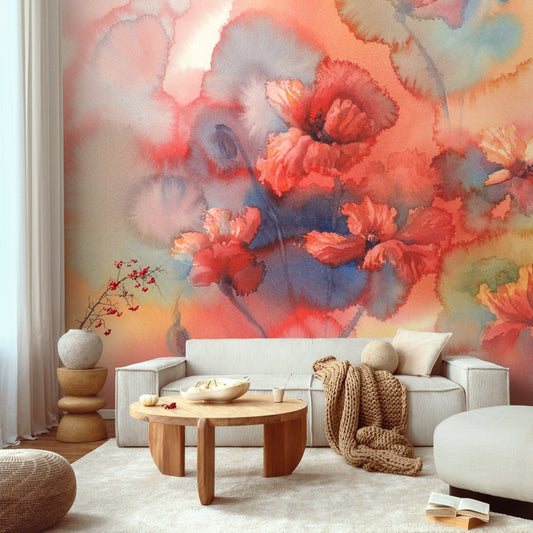 Watercolor Mural, Fresh Spring Flower Watercolor, Wall Mural, Red Florals, Floral Watercolor, Watercolor Removable Wallpaper - A162