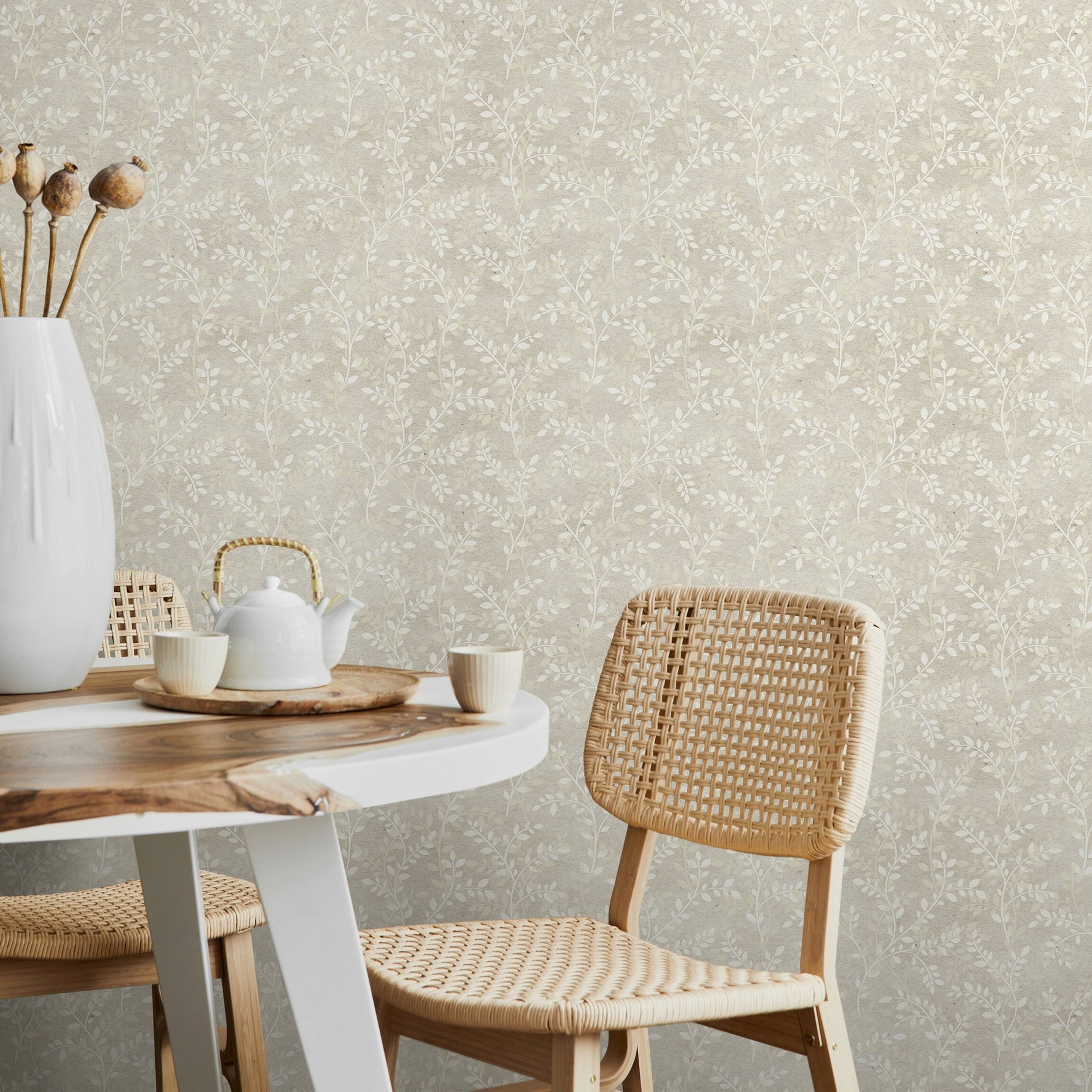 Wallpaper Peel and Stick Wallpaper Removable Wallpaper Home Decor Wall Art Wall Decor Room Decor / Dainty Neutral Leaves Wallpaper - A294