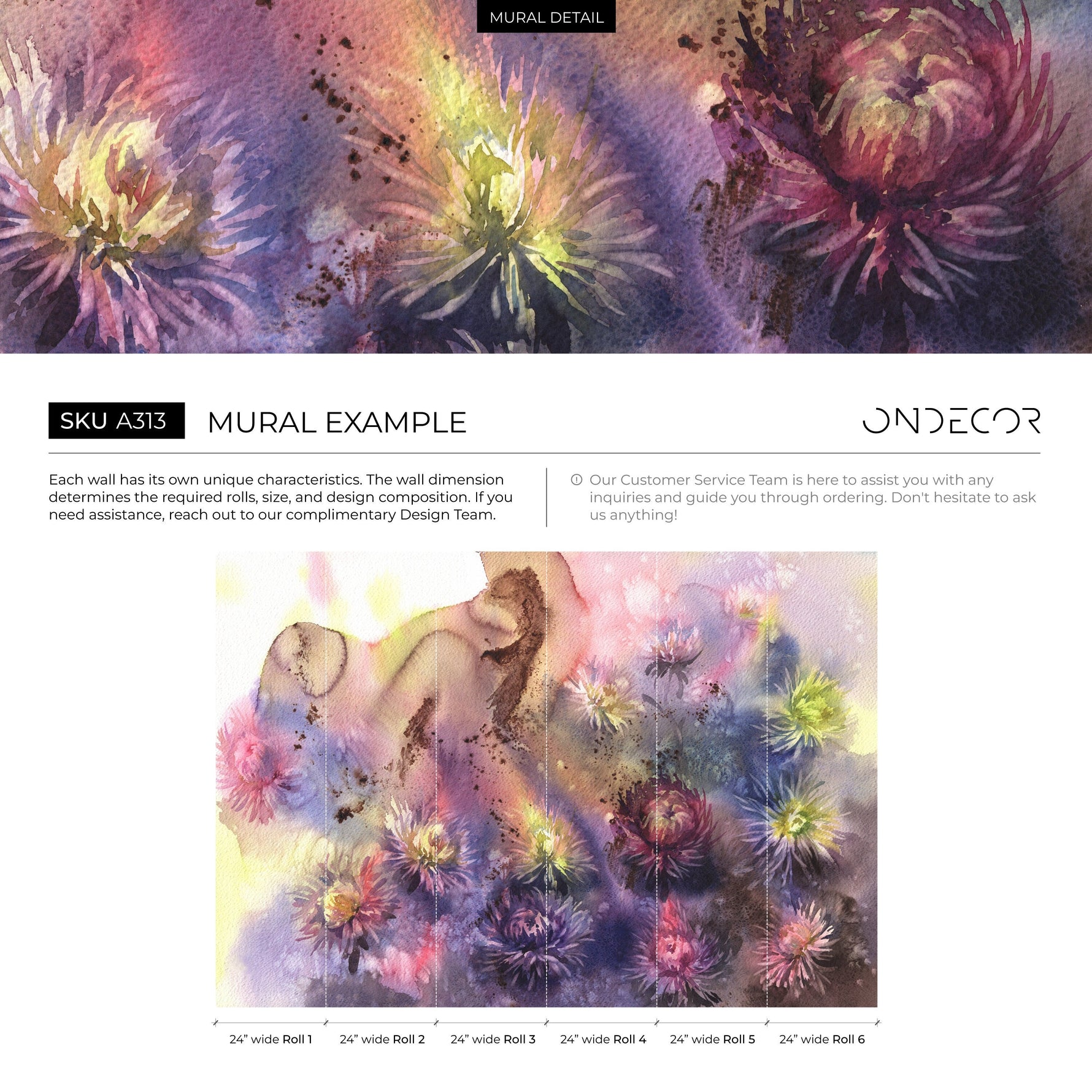Watercolor Mural - Large Wall Mural, Removable Wallpaper, Everlasting Flower Mural, Flower Watercolor, Peel and Stick Wallpaper - A313