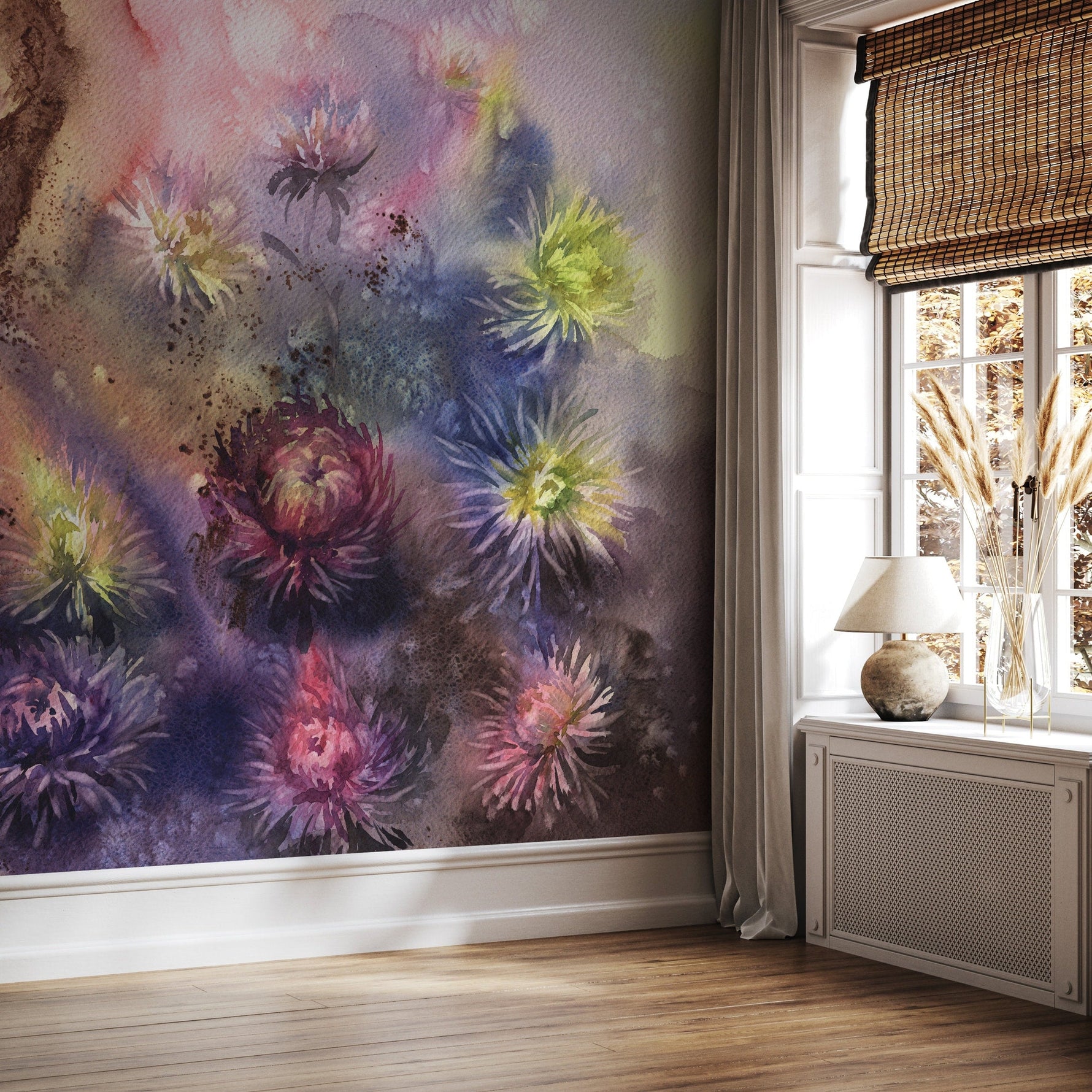 Watercolor Mural - Large Wall Mural, Removable Wallpaper, Everlasting Flower Mural, Flower Watercolor, Peel and Stick Wallpaper - A313