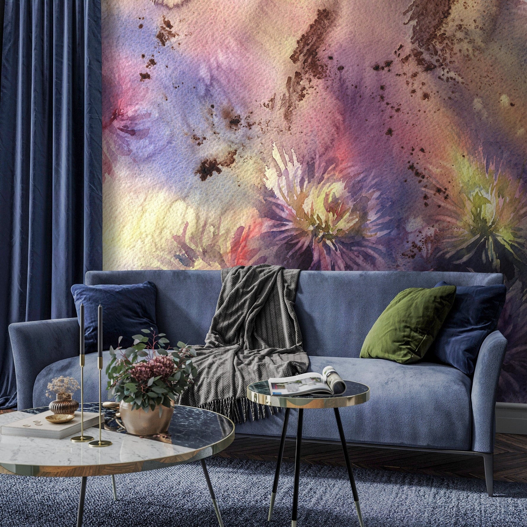 Watercolor Mural - Large Wall Mural, Removable Wallpaper, Everlasting Flower Mural, Flower Watercolor, Peel and Stick Wallpaper - A313