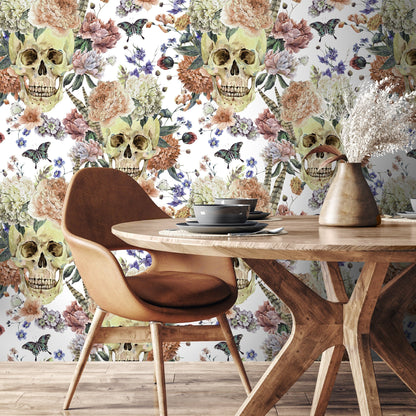 Vintage Floral Wallpaper Roses and Skulls Wallpaper Peel and Stick and Traditional Wallpaper - D923