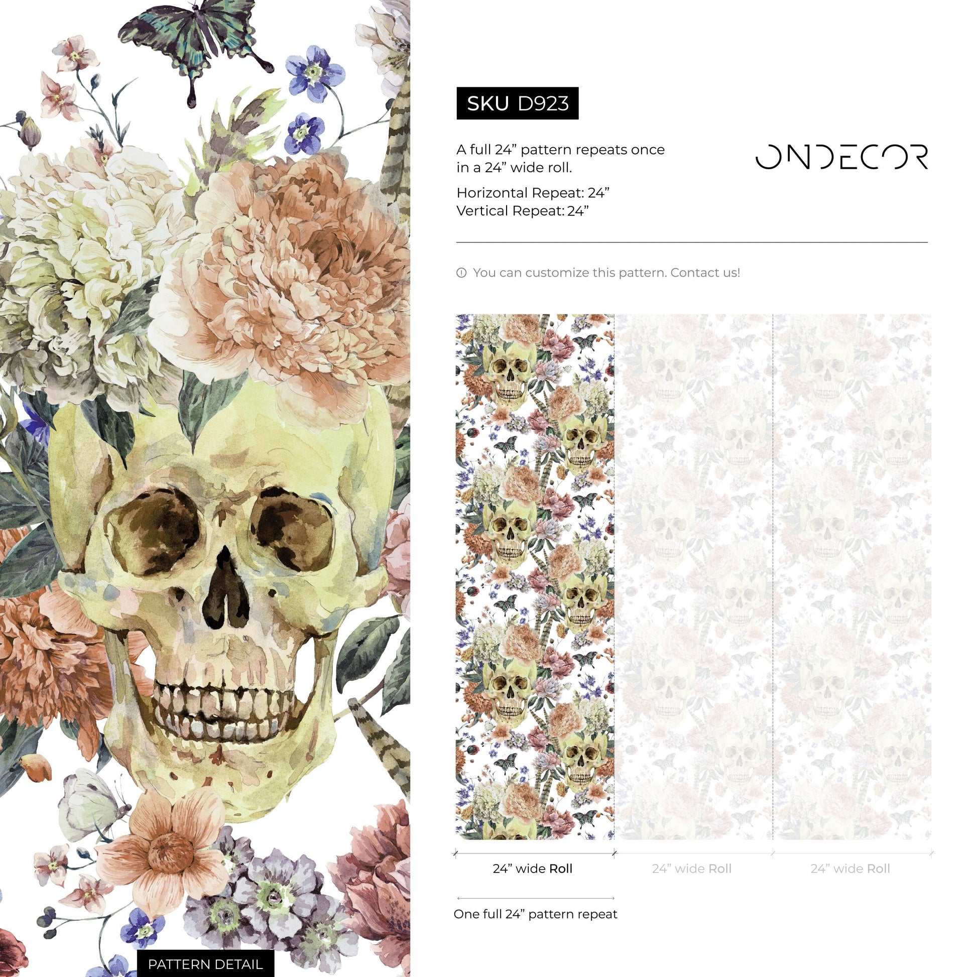 Vintage Floral Wallpaper Roses and Skulls Wallpaper Peel and Stick and Traditional Wallpaper - D923