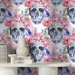 Colorful Floral Wallpaper Roses and Skulls Wallpaper Peel and Stick and Traditional Wallpaper - D924