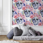 Colorful Floral Wallpaper Roses and Skulls Wallpaper Peel and Stick and Traditional Wallpaper - D924