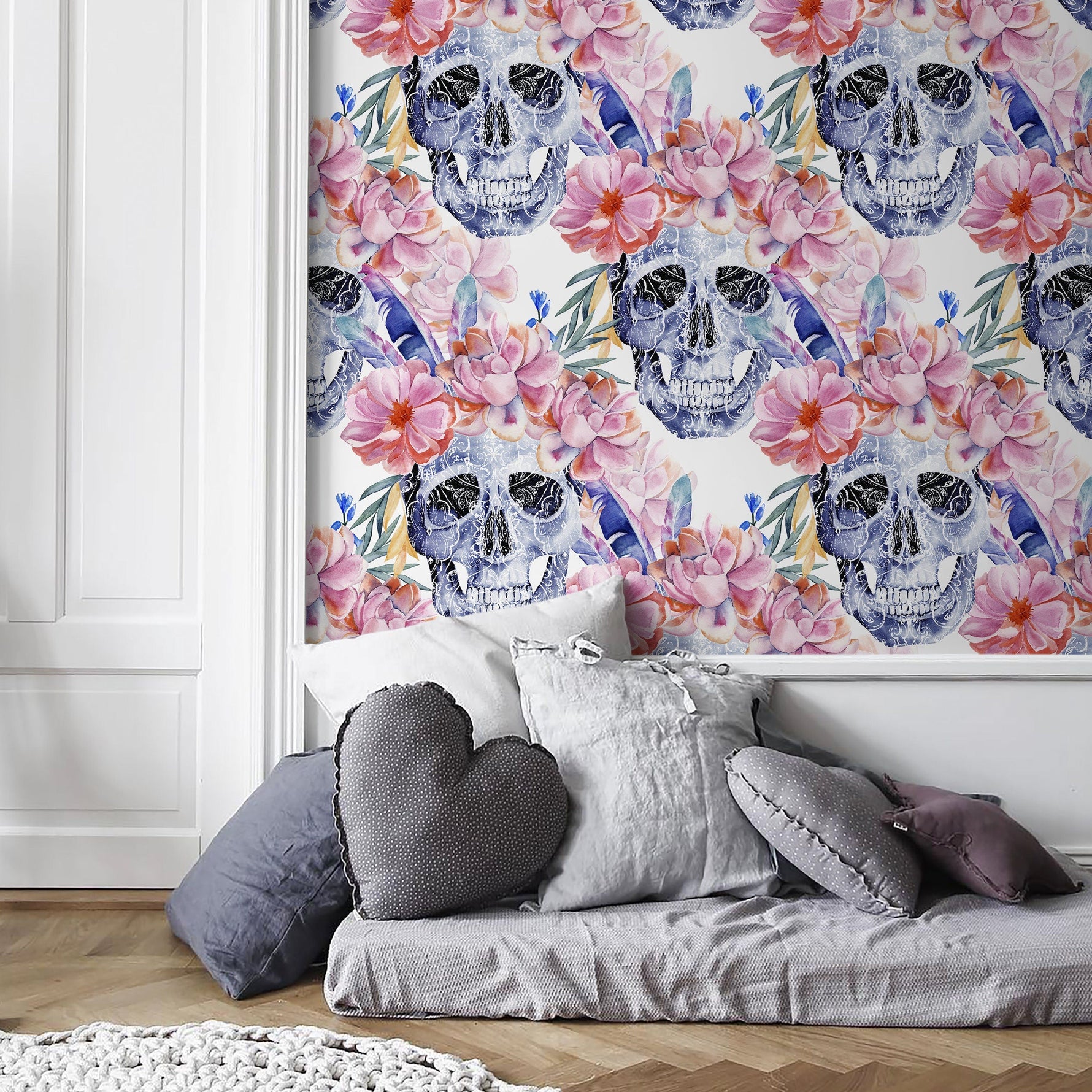Colorful Floral Wallpaper Roses and Skulls Wallpaper Peel and Stick and Traditional Wallpaper - D924