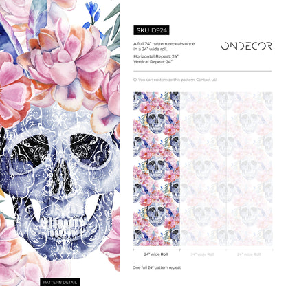 Colorful Floral Wallpaper Roses and Skulls Wallpaper Peel and Stick and Traditional Wallpaper - D924