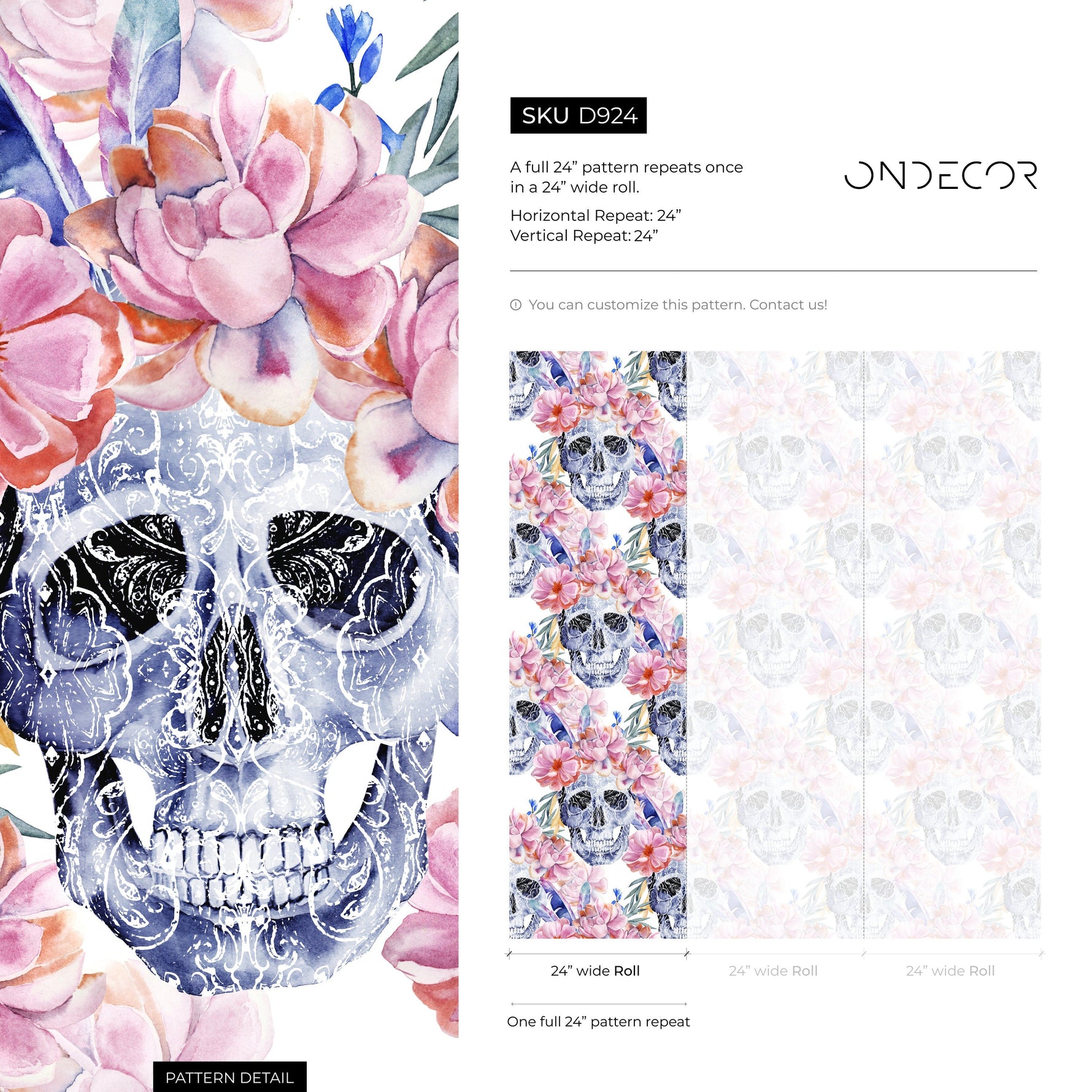 Colorful Floral Wallpaper Roses and Skulls Wallpaper Peel and Stick and Traditional Wallpaper - D924