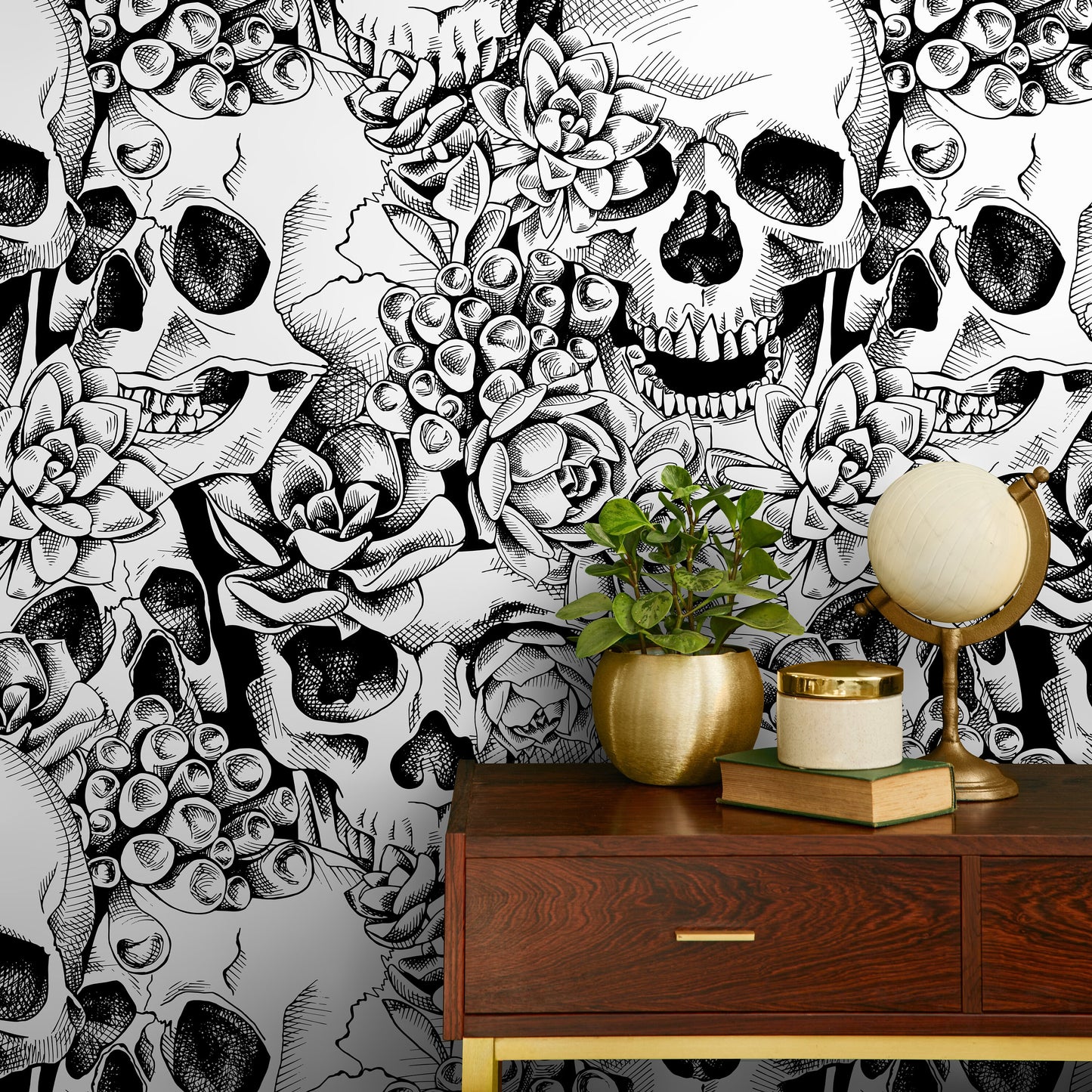 Black and White Skulls Wallpaper Dark Floral Wallpaper Peel and Stick and Traditional Wallpaper - D866