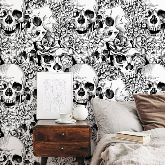Black and White Skulls Wallpaper Dark Floral Wallpaper Peel and Stick and Traditional Wallpaper - D866