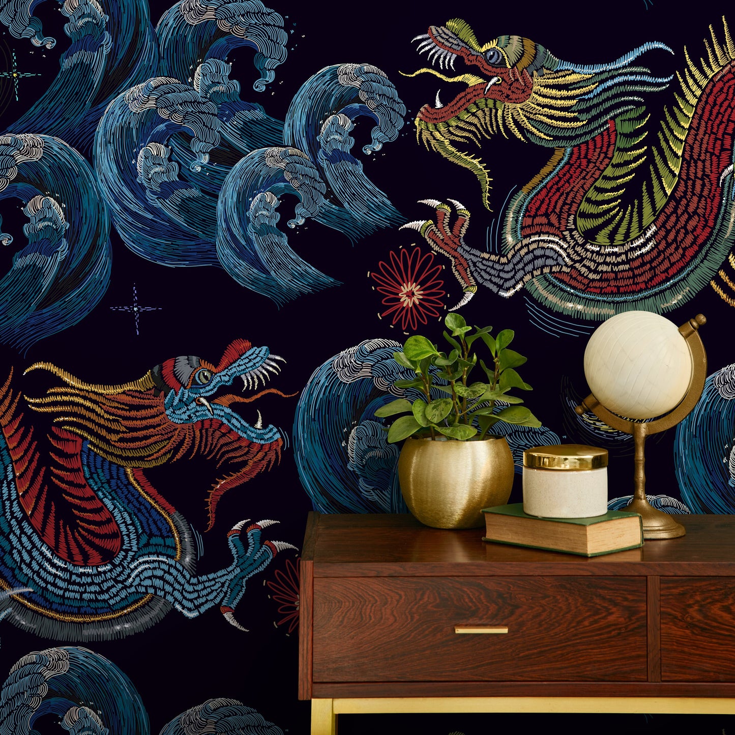 Vintage Chinoiserie Wallpaper Dragon Maximalist Wallpaper Peel and Stick and Traditional Wallpaper - D875