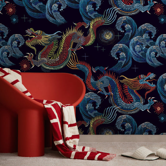 Vintage Chinoiserie Wallpaper Dragon Maximalist Wallpaper Peel and Stick and Traditional Wallpaper - D875