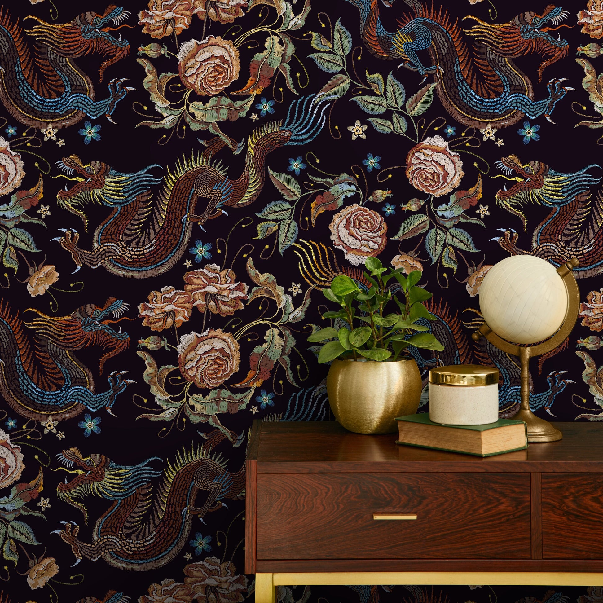 Dark Chinoiserie Wallpaper Dragon and Roses Wallpaper Peel and Stick and Traditional Wallpaper - D879