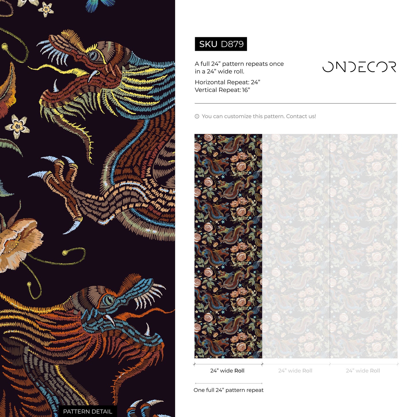 Dark Chinoiserie Wallpaper Dragon and Roses Wallpaper Peel and Stick and Traditional Wallpaper - D879