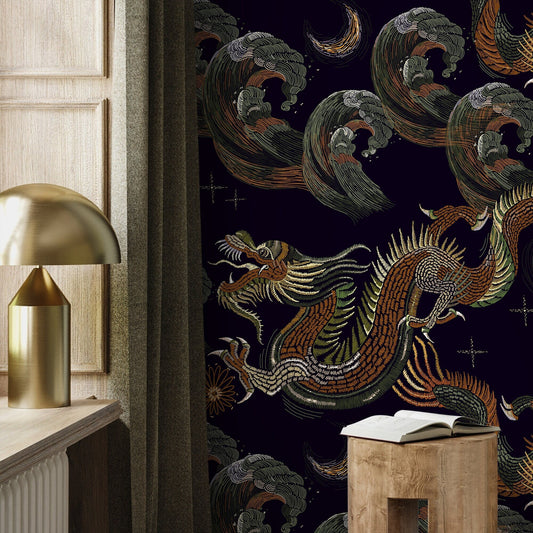 Dark Chinoiserie Wallpaper Vintage Dragon Wallpaper Peel and Stick and Traditional Wallpaper - D877
