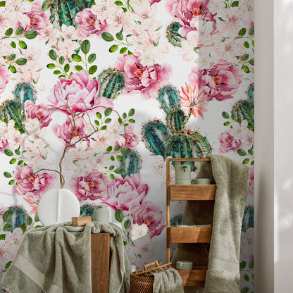 Floral Cactus Wallpaper, Floral Wallpaper, Removable Wallpaper, Cactus, Cute Cactus Wallpaper, Flower Wallpaper - B020