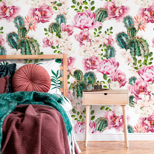 Floral Cactus Wallpaper, Floral Wallpaper, Removable Wallpaper, Cactus, Cute Cactus Wallpaper, Flower Wallpaper - B020