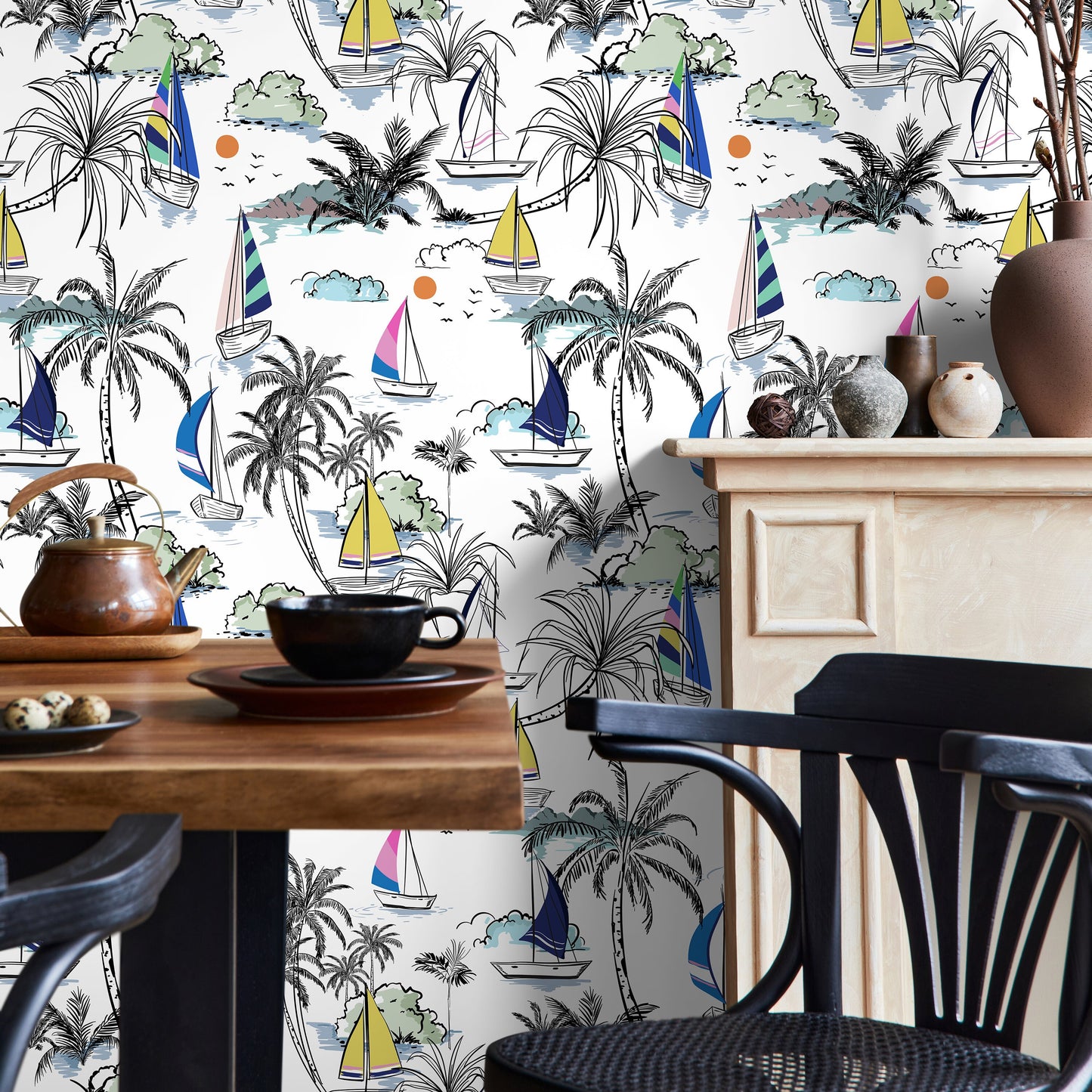 Removable Wallpaper Peel and Stick Wallpaper Wall Paper Wall Temporary Wallpaper Wall - Sailing Boat - Palms - B540