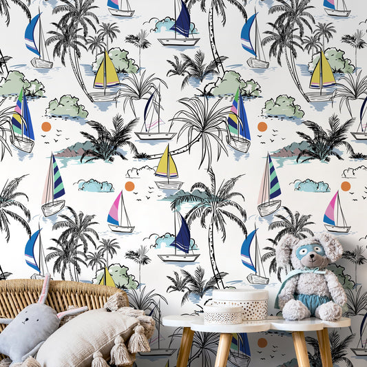 Removable Wallpaper Peel and Stick Wallpaper Wall Paper Wall Temporary Wallpaper Wall - Sailing Boat - Palms - B540