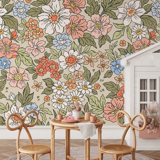 Annete Vintage Meadow Flowers Mural - Large Scale Wallpaper Floral Peel and Stick Removable Repositionable or Traditional Pre-pasted - ZACH