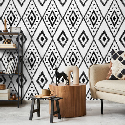 Black and White Tribal Wallpaper / Peel and Stick Wallpaper Removable Wallpaper Home Decor Wall Art Wall Decor Room Decor - C848