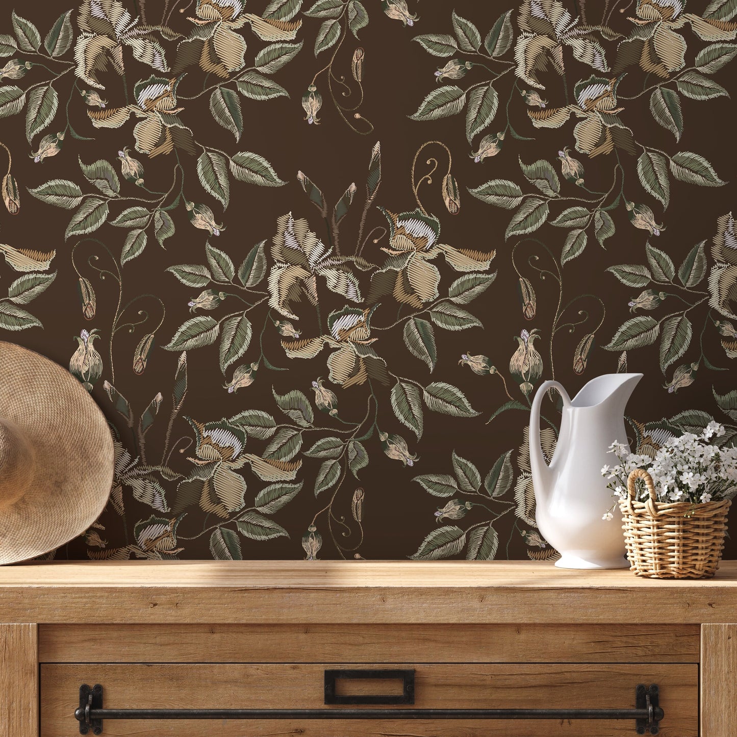 Brown Floral Wallpaper Vintage Garden Wallpaper Peel and Stick and Traditional Wallpaper - D870