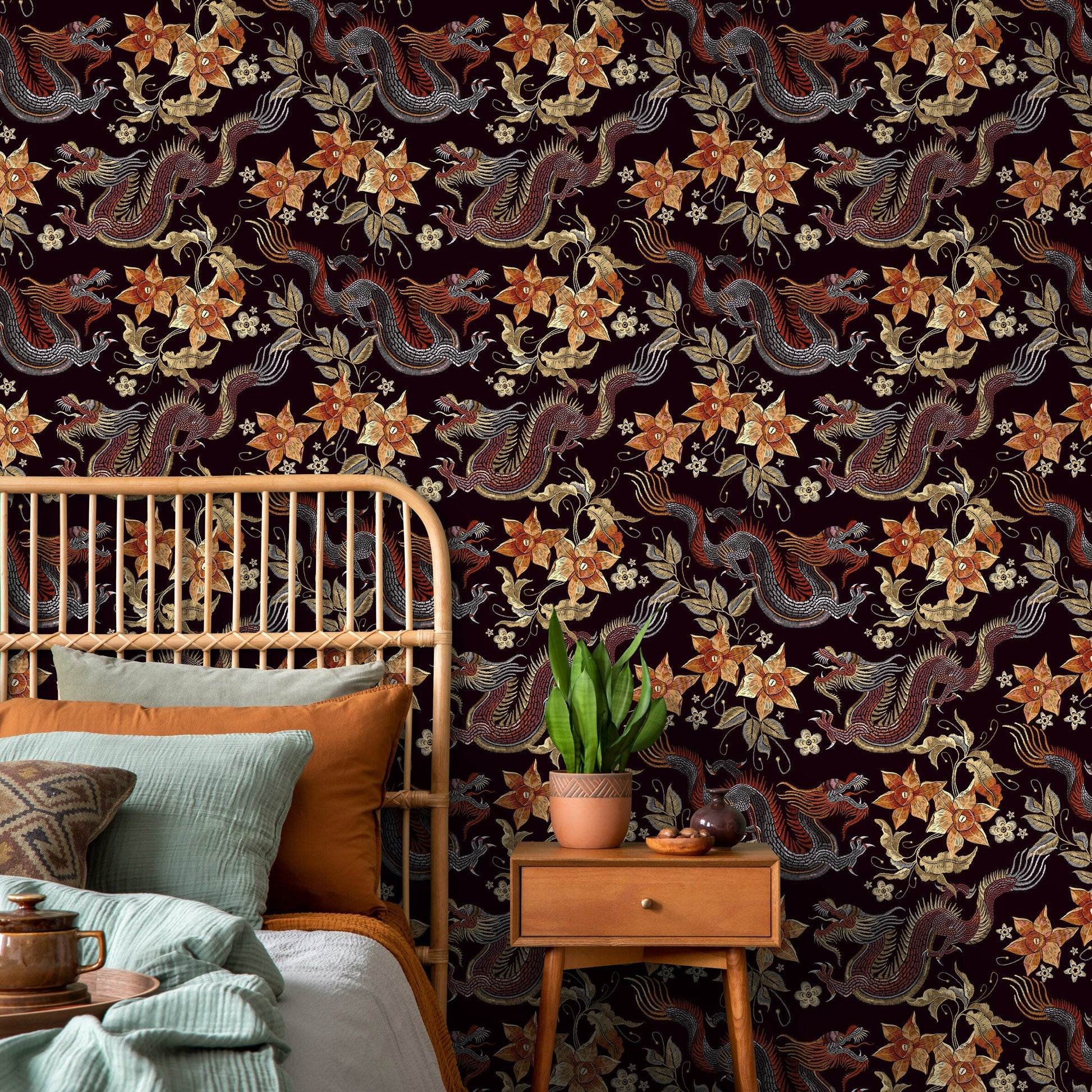 Dragon Chinoiserie Wallpaper Floral Vintage Wallpaper Peel and Stick and Traditional Wallpaper - D874