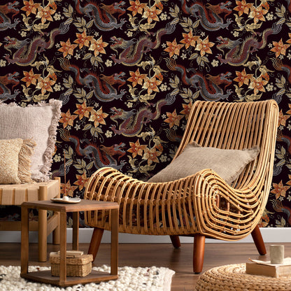 Dragon Chinoiserie Wallpaper Floral Vintage Wallpaper Peel and Stick and Traditional Wallpaper - D874