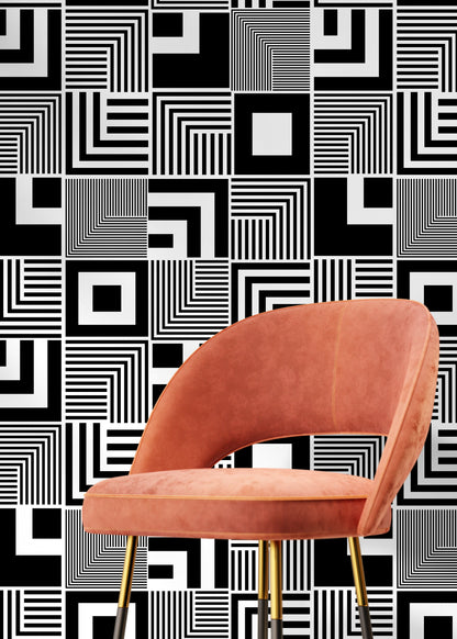 Checkered Tiles Wallpaper Removable Wallpaper Home Decor Wall Art Room Decor / Black and White Squares Wallpaper - B789