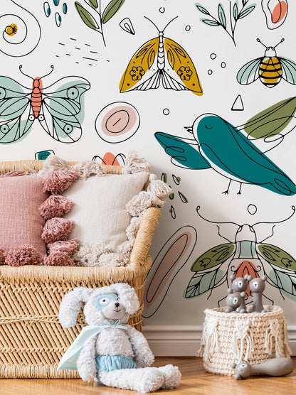Garden Illustration Removable Wallpaper Home Decor Wall Art Room Decor / Cute Floral and Butterflies Wallpaper - B982